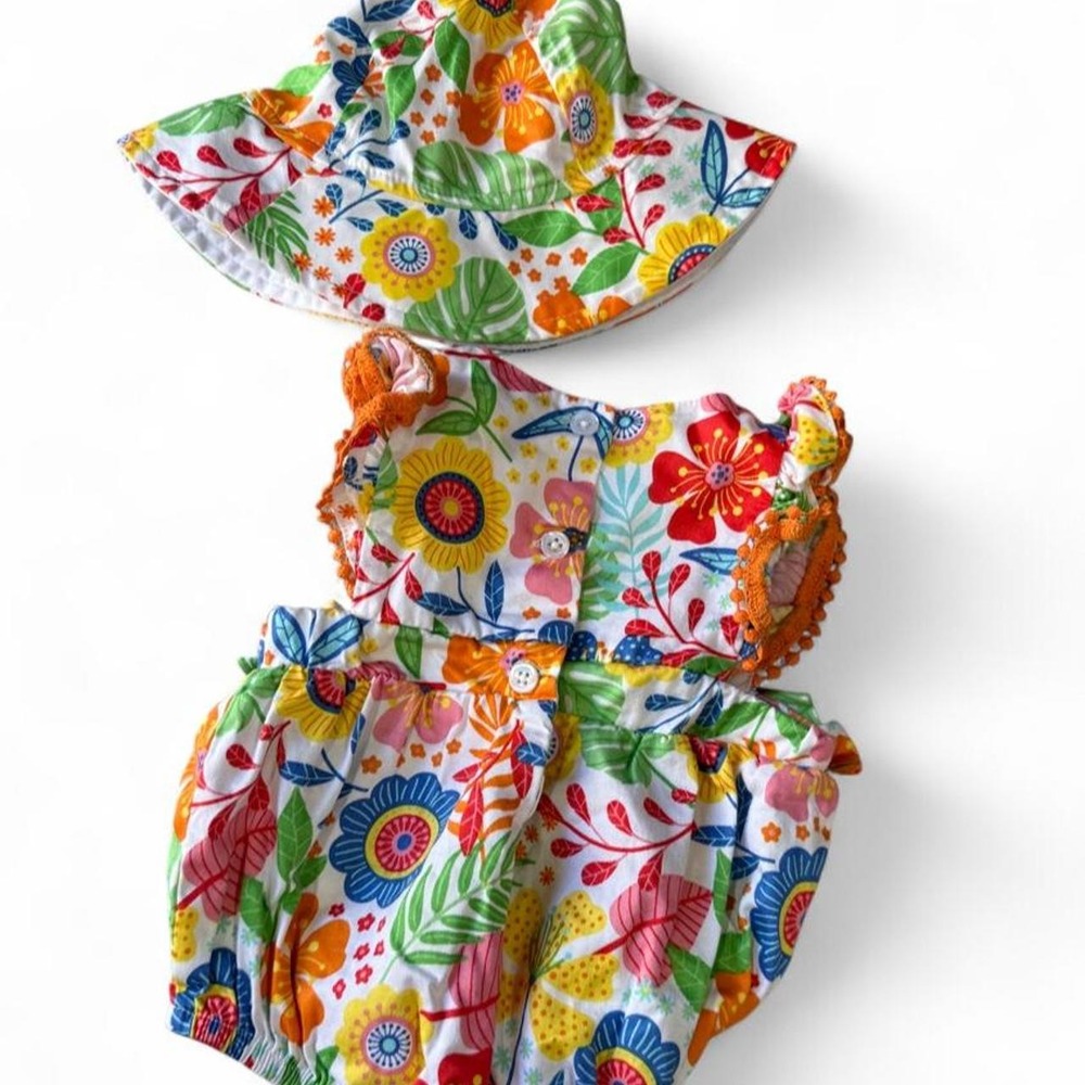 Good Lad Baby Girl Floral Romper Bloomer Hat 3 Piece Set 3M